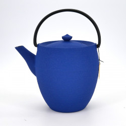 Large Japanese prestige high cast iron teapot, CHÛSHIN KÔBÔ MARUTSUTSU, blue