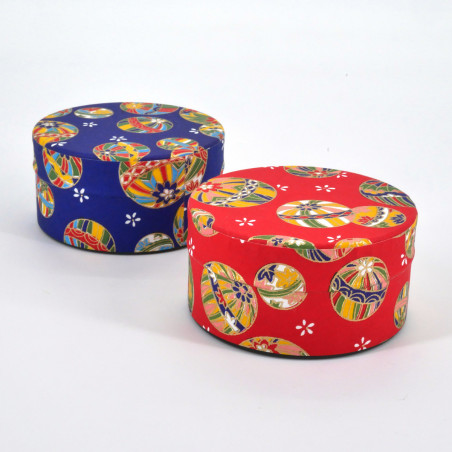 Japanese flat blue or red tea caddy with temari balls patterns in washi paper, YUZEN TEMARI, 40 g