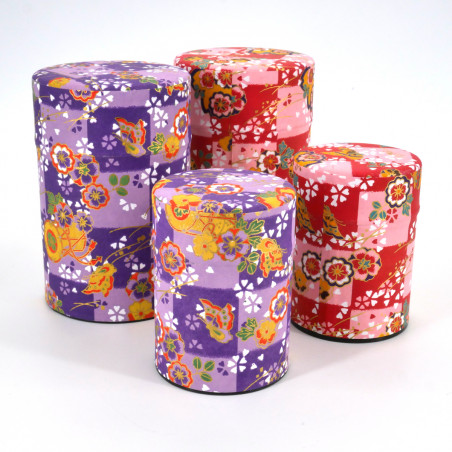 Purple or pink Japanese tea box in washi paper, YUZEN ICHIMATSU, 40 g or 100 g