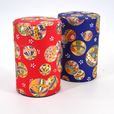 Blue or red Japanese tea box in washi paper, YUZEN TEMARI, 40 g or 100 g