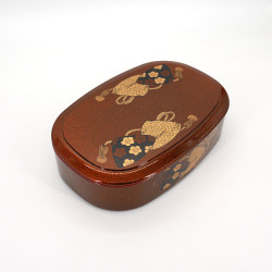 Oval resin sushi tray with cover, black and glittery copper, HAMAGURI, flowers