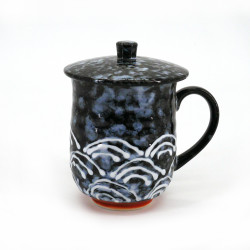 Japanese traditional tea cup with lid, black and blue, SEIGAIHA