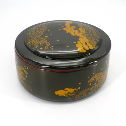 Round resin sushi tray with cover, black gold pattern, wave, NAMI