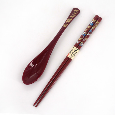 Matching pair of wooden chopsticks and red resin spoon, TSURU