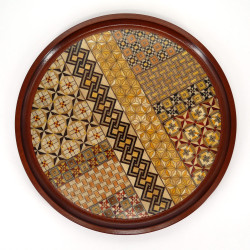 Round tray with small rim in traditional Hakone marquetry, YOSEGI