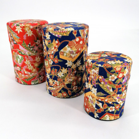 Blue or red Japanese tea caddy in washi paper, YUZEN NODO, 40 g or 100 g