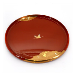 Round tray with red lacquered effect and golden patterns, KAGAYAKI, crane