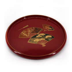 Round tray with red lacquer effect, KENROKU, fans