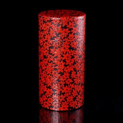 Japanese red and black tea caddy with maple leaf pattern in metal, MOMIJI, 150 g or 200 g
