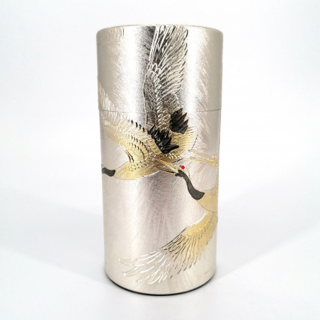 Japanese silver tea box in aluminum and wood, KOKUSHO TSURU, 200 g