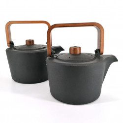 Japanese cast iron kettle, straight shape, brown wooden handle, MOKUSEI HANDORU, black