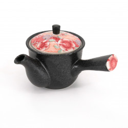 Japanese black ceramic teapot, KOUME, red flowers