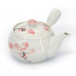 Japanische Kyusu-Teekanne aus Keramik, weiß mit rosa Blumen, PINKU NO HANA