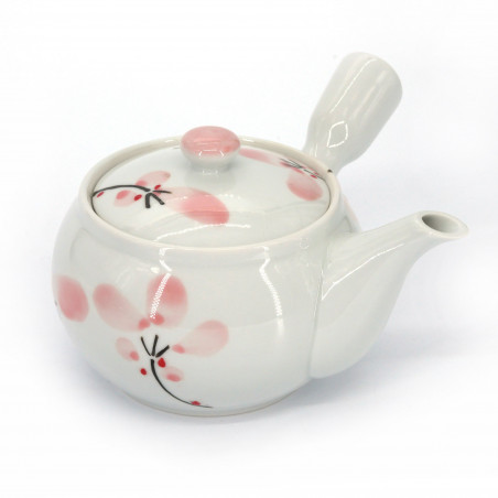 Japanese ceramic kyusu teapot, white with pink flowers, PINKU NO HANA