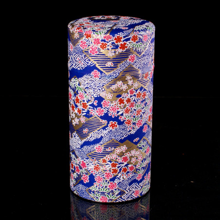 Japanese blue tea box in washi paper, YUZEN SAYAGATA, 200 g