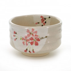 Japanese tea bowl for ceremony - chawan, SAKURA HANGETSU, pink flowers